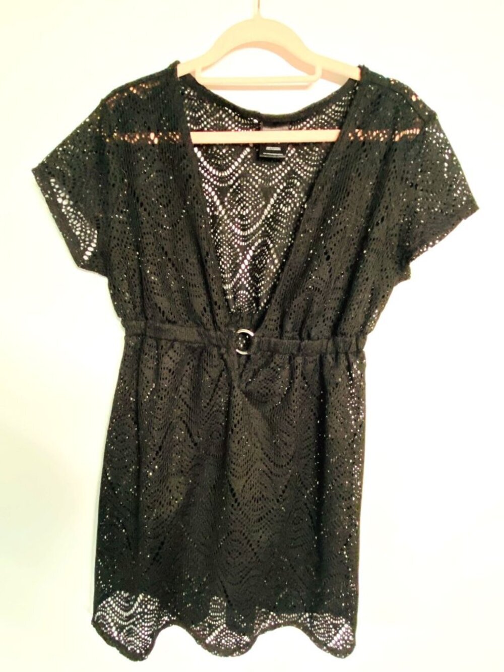 Catalina Black Crochet Swim Cover-Up Dress With Ring Accent Small S 4-6